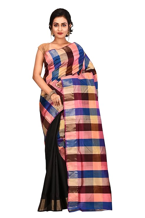 Designer Mulberry katan Silk Saree, Hand Block Printed, Multicolour Checkered Pattern, Black Base with Golden Zari Border, For Party, Festival Occasion, Celebration
