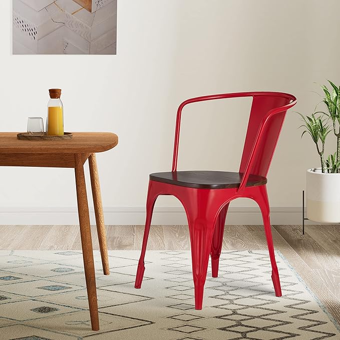 Amazon Brand - Solimo Fexgoth Chair with Wooden Seat (Iron, Red, 1 Piece)
