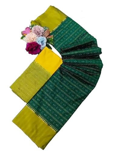 Women's Paithani Soft Cotton Saree with Banarasi Weave, Green and Yellow, with Unstitched Matching Blouse Piece