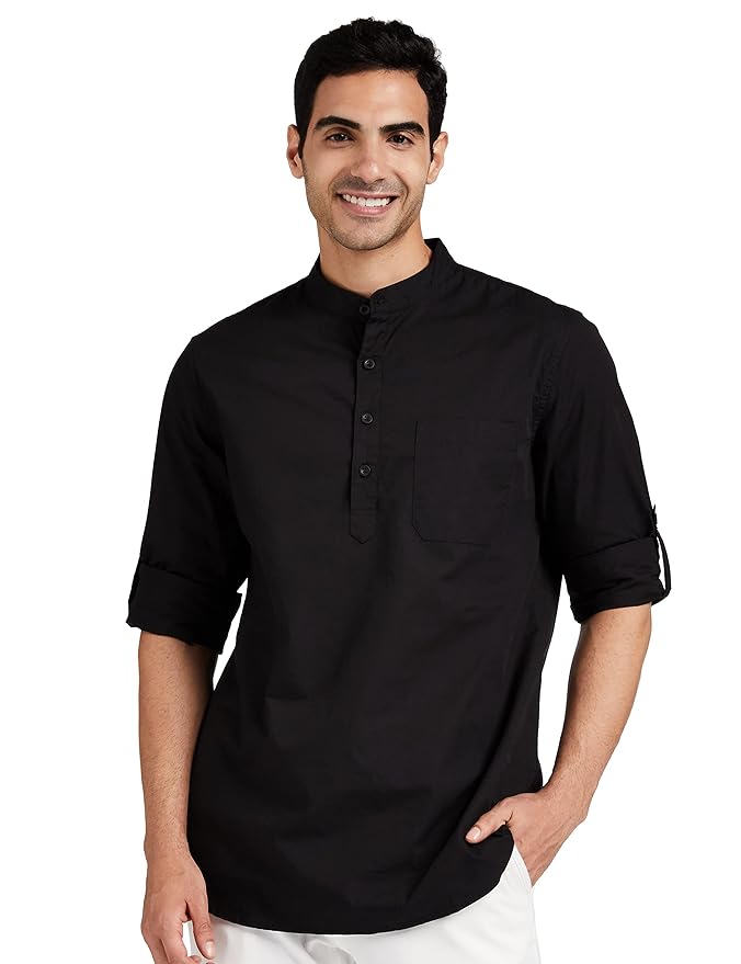 Amazon Brand - Symbol Men's Cotton Shirt | Kurta Placket Style | Casual | Plain | Full Sleeve | Summer - Regular Fit (Available in Plus Sizes)