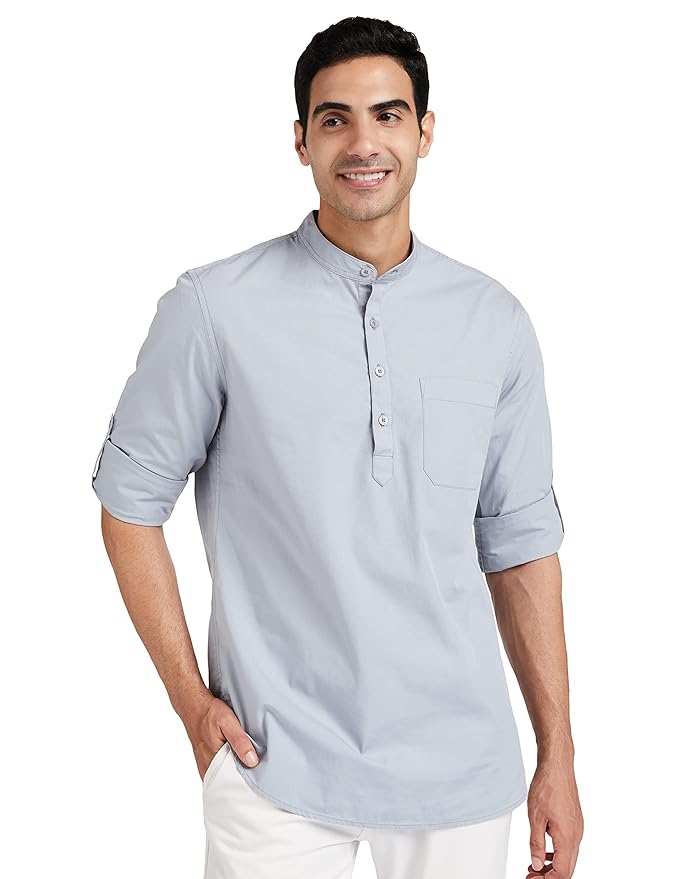 Amazon Brand - Symbol Men's Cotton Shirt | Kurta Placket Style | Casual | Plain | Full Sleeve | Summer - Regular Fit (Available in Plus Sizes)