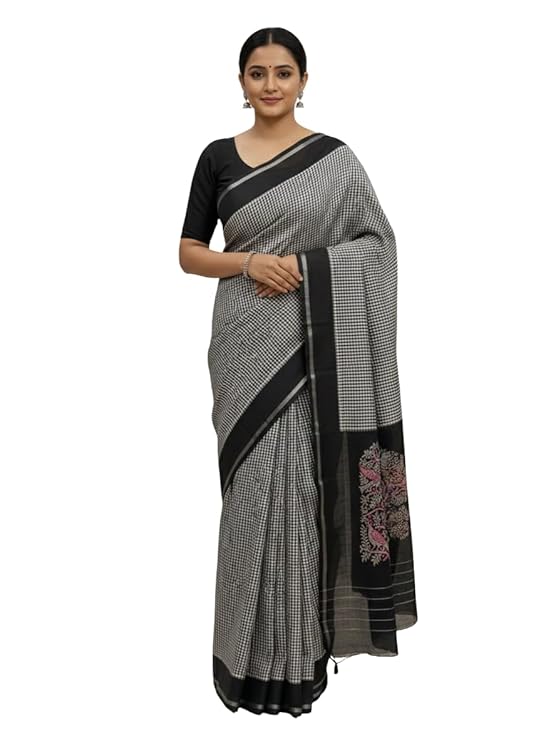Kanchipuram Pattu Silk Saree, Black and Checkered Pattern with Pink Tree Embroidery, Fancy Design