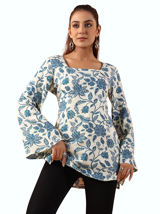 Amazon Brand - Tavasya Women Floral Printed Square Neck Short Kurti | Casual Everyday Wear | Long Flared Sleeve Ethnic Top