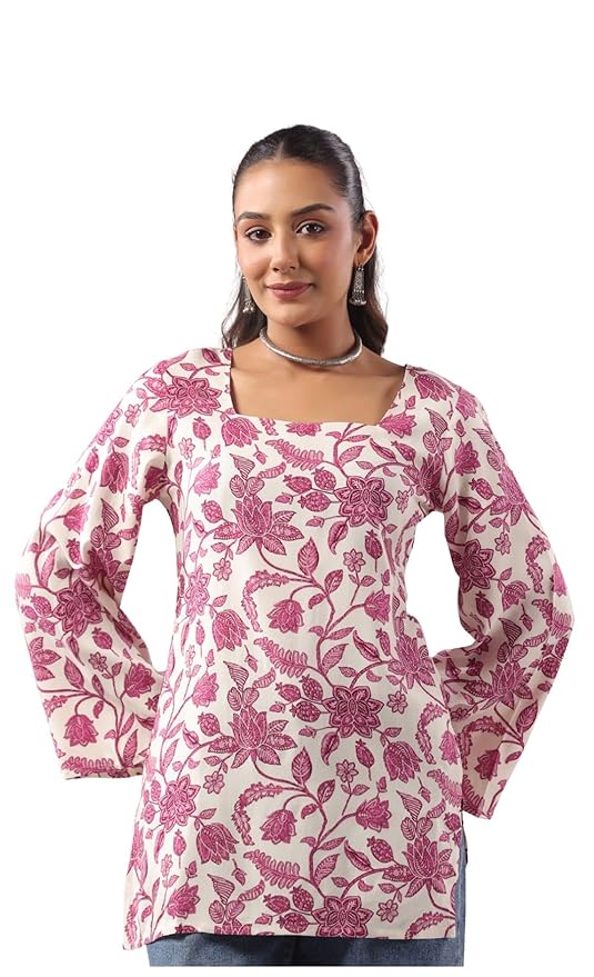 Amazon Brand - Tavasya Women Floral Printed Square Neck Short Kurti | Casual Everyday Wear | Long Flared Sleeve Ethnic Top