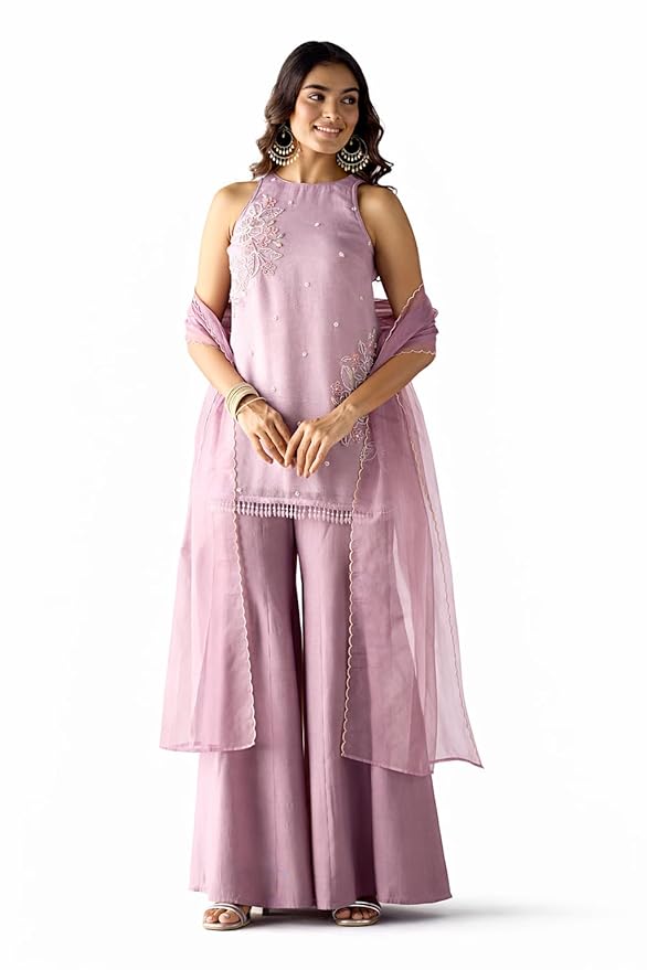 FIORRA Women Lavender Crush Organza Hand-Worked Straight Kurta Set with Dupatta