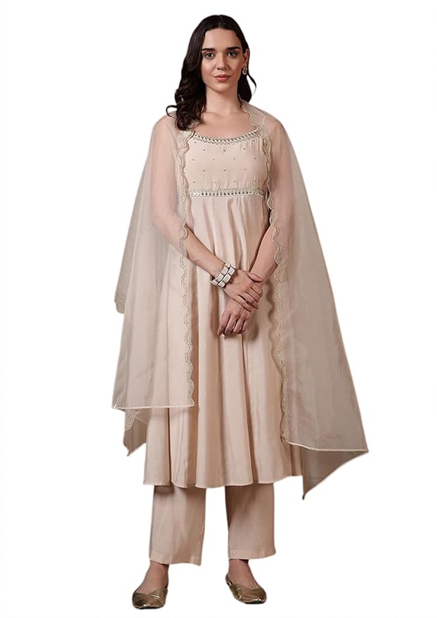 FIORRA Women Off-White Viscose Chanderi Embroidered A-Line Kurta Set with Dupatta