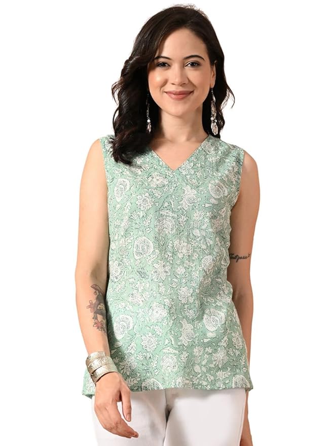 Amazon Brand - Tavasya Women Ethnic Print V-Neck Top | Sleeveless Western Casual Wear | Ethnic Print Short Kurti