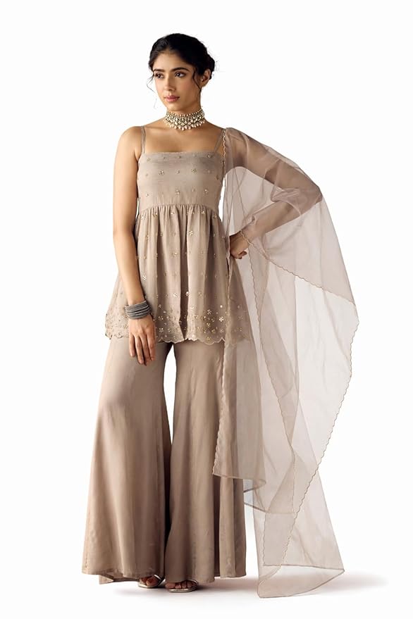 FIORRA Women Grey Crush Organza Hand Work A-Line Kurta Set with Dupatta