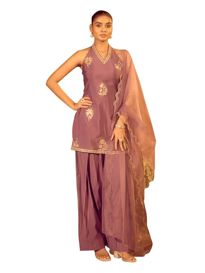 FIORRA Women’s Lavender Viscose Chanderi Embroidered Ethnic Straight Kurta Set with Dupatta