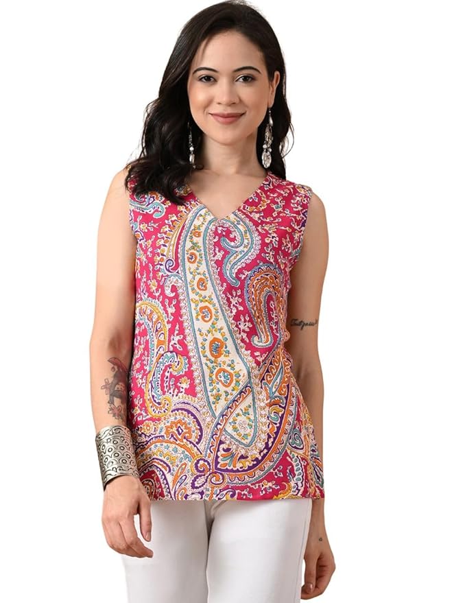Amazon Brand - Tavasya Women Ethnic Print V-Neck Top | Sleeveless Western Casual Wear | Ethnic Print Short Kurti