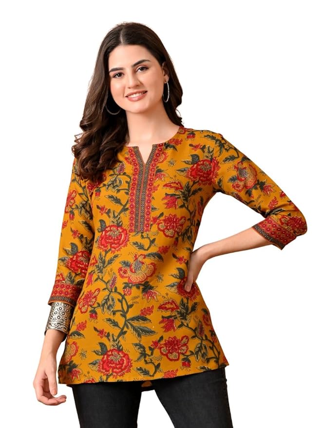 Amazon Brand - Tavasya Women Floral Printed Short Kurti | Round Neck with Slit Stylish Kurta | 3/4th Sleeve Modern Top | Regular Fit