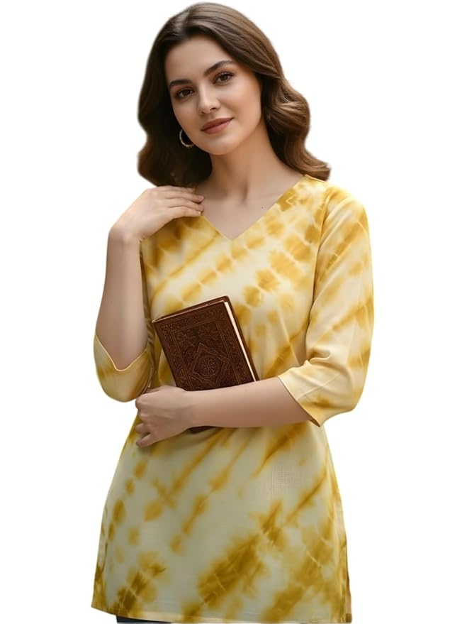 Amazon Brand - Tavasya Women Printed Regular Fit Short Kurti | 3/4th Sleeves | V- Neck | Casual & Formal | Rayon | (Regular Fit) |