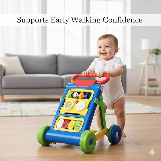 Storio Baby Activity Walker for 6–18 Months | Foldable Walker with Interactive Play Panel | Non-Toxic Plastic, Wide Base for Stability | Early Learning Baby Walker for Boys & Girls - Blue