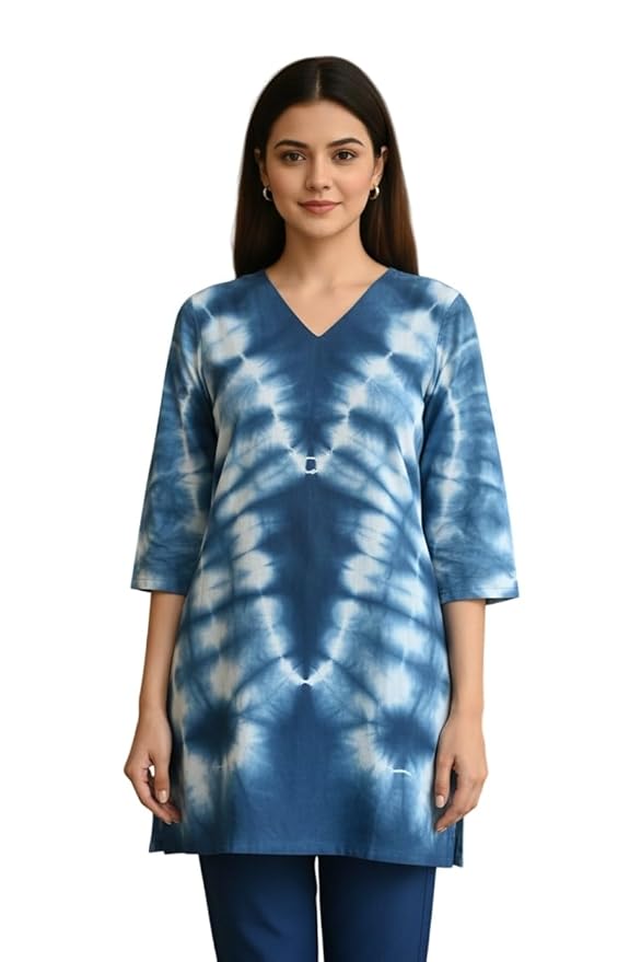 Amazon Brand - Tavasya Women Printed Regular Fit Short Kurti | 3/4th Sleeves | V- Neck | Casual & Formal | Rayon | (Regular Fit) |