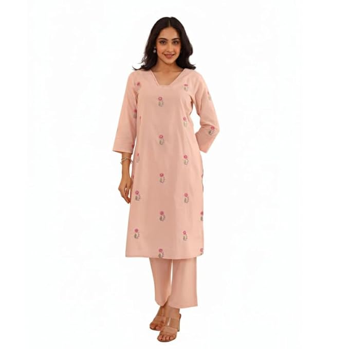 Amazon Brand - Tavasya Womens Floral Printed V-neck Lining Kurta with Pant | Kurta Set | 2 Piece | 3/4th Sleeve | 100% Cotton | Salwar Suit Set | Ethnic & Casual Wear