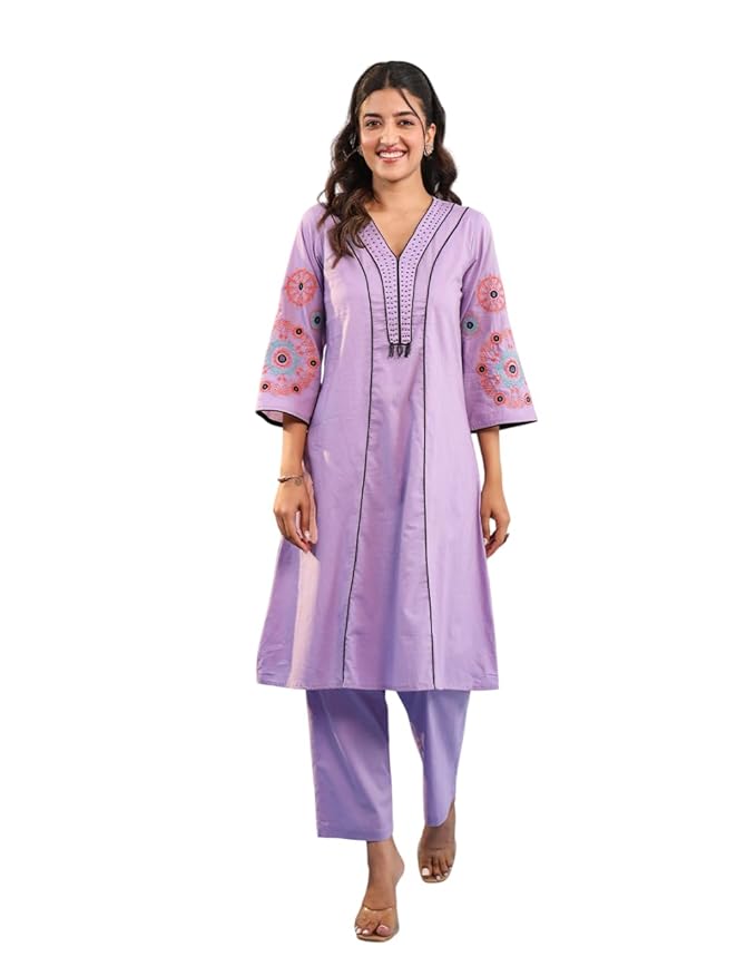 Amazon Brand - Tavasya Womens Floral Embroidery Sleeve V-neck Kurta with Pant | Kurta Set | 2 Piece | 3/4th Sleeve | 100% Cotton | Salwar Suit Set | Ethnic & Casual Wear