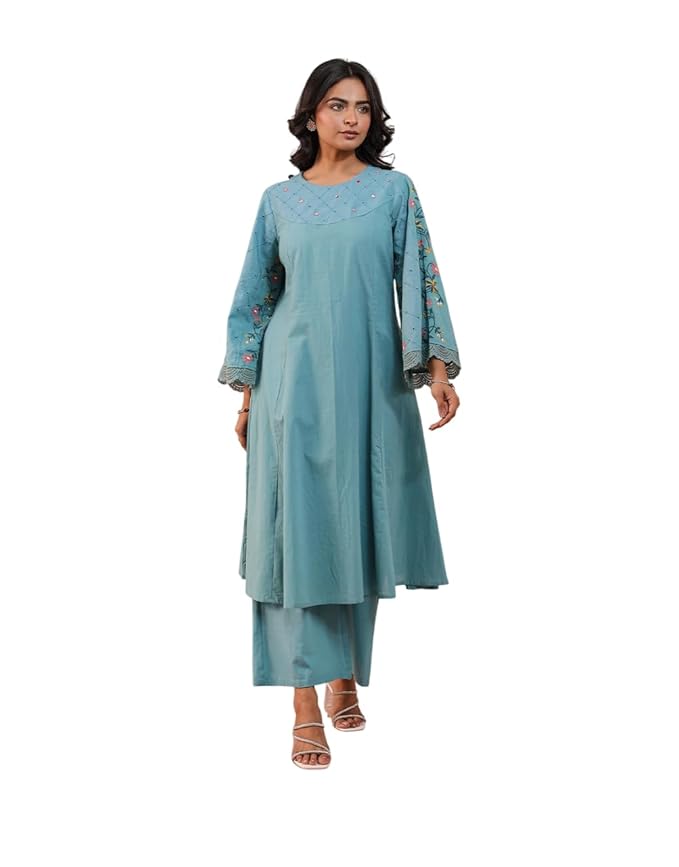Amazon Brand - Tavasya Womens Flared Embroidery Sleeve Round Neck A-line Kurta with Pant | Kurta Set | 2 Piece | Flared 3/4th Sleeve | 100% Cotton | Salwar Suit Set | Ethnic & Casual Wear