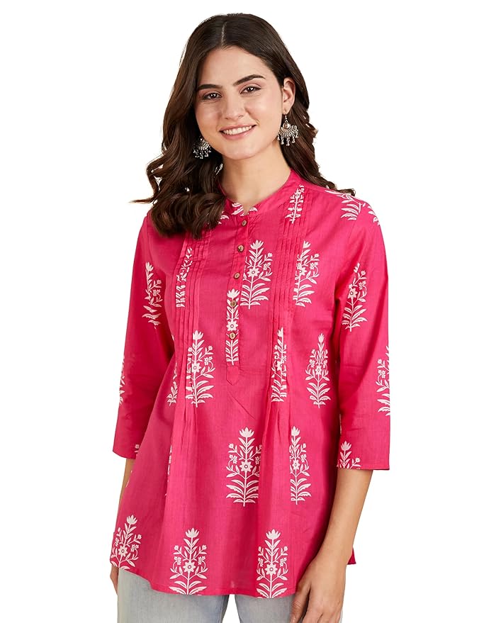 Amazon Brand - Myx Women Cotton Printed A-line Short Kurti (Available in Plus Sizes)