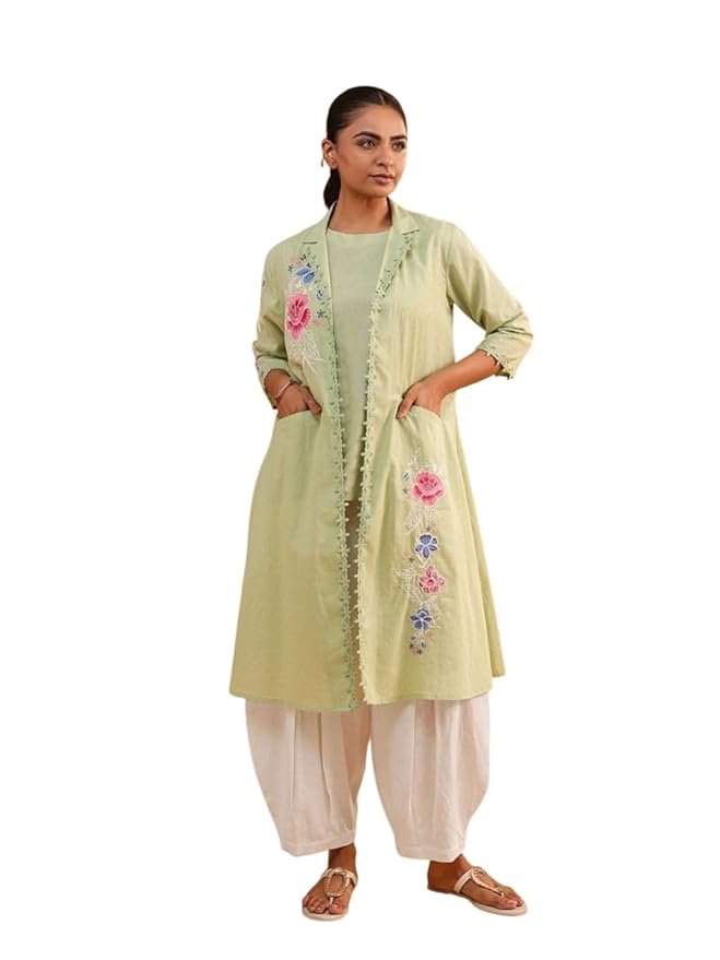 Amazon Brand - Tavasya Womens Floral Embroidery 3 Piece Cord Set with Pockets | 3/4th Sleeve | Salwar Suit | Dhoti Pant | Ethnic & Casual Wear