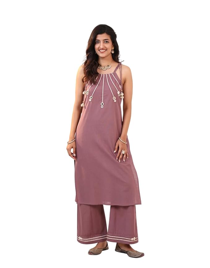 Amazon Brand - Tavasya Womens Geometric Embroidery Halter Neck Kurta with Pant | Kurta Set | 2 Piece | 3/4th Sleeve | 100% Cotton | Salwar Suit Set | Ethnic & Casual Wear
