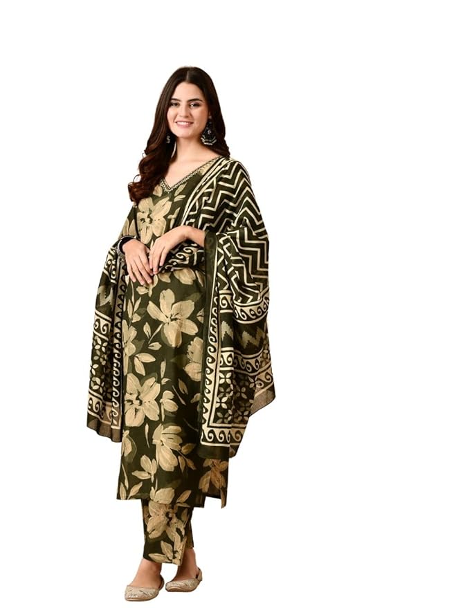 Amazon Brand - Tavasya Womens Floral Printed Kurta Set with Dupatta | V-neck Salwar Suit | Ethnic Wear | Regular Fit
