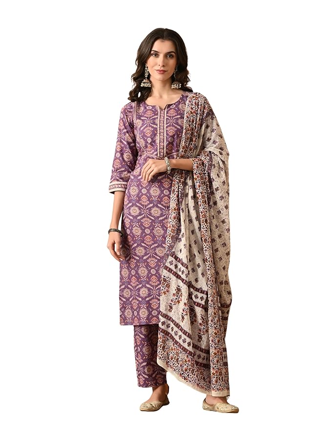Amazon Brand - Tavasya Womens Floral Printed Regular Pure Cotton Kurta with Trousers & Dupatta | Kurta Set | Salwar Suit | Ethnic Wear