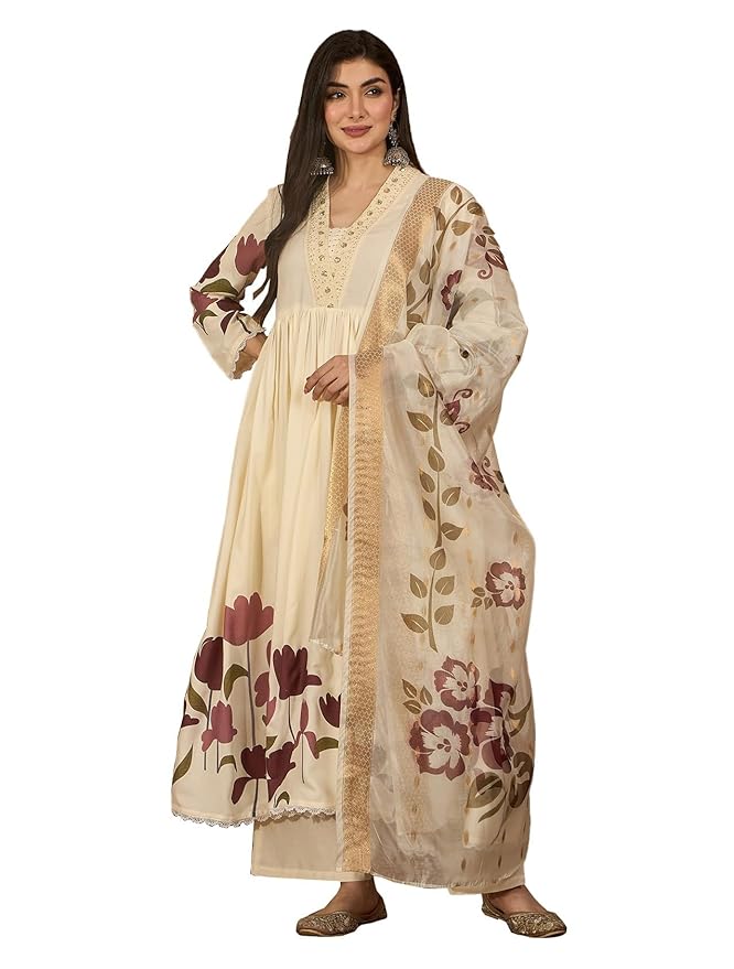 Stylum Women's Floral Printed Rayon Flared Kurta Palazzo Dupatta Set