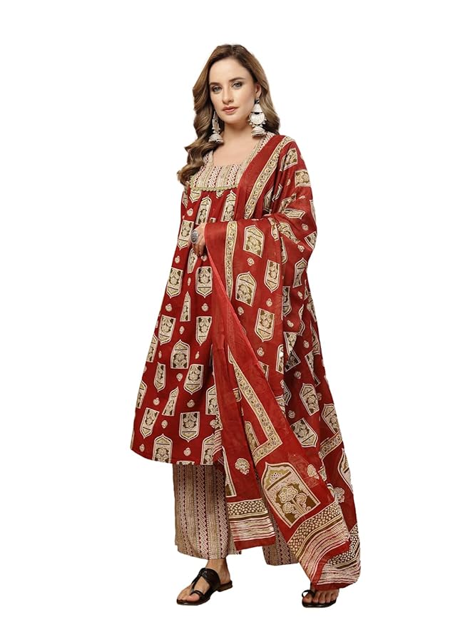 Stylum Women's Red Ajrakh Printed Cotton A-Line Kurta Palazzo Dupatta Set