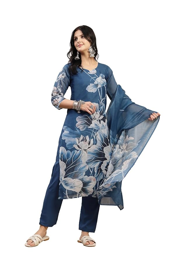 Stylum Women's Blue Floral Printed Chanderi Silk Straight Kurta Pant Dupatta Set