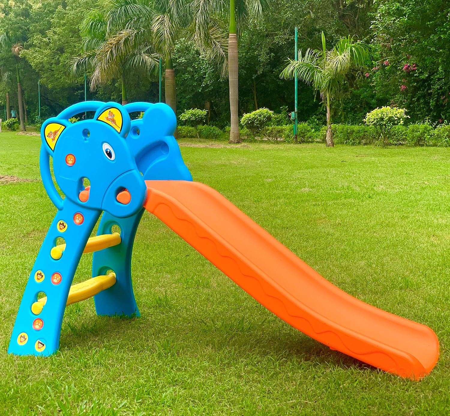 BabyGo Nara Kids Toy Slide, Foldable Toddler Slide for Indoor & Outdoor, Sturdy Plastic (140×80×60 cm), Up to 25 kg, 1–5 Years, BIS/is 9873 Tested (Orange-Blue)