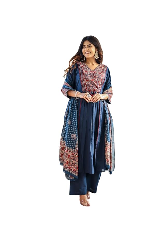 Stylum Women's Ajrakh Printed Cotton A-Line Kurta Pant Dupatta Set