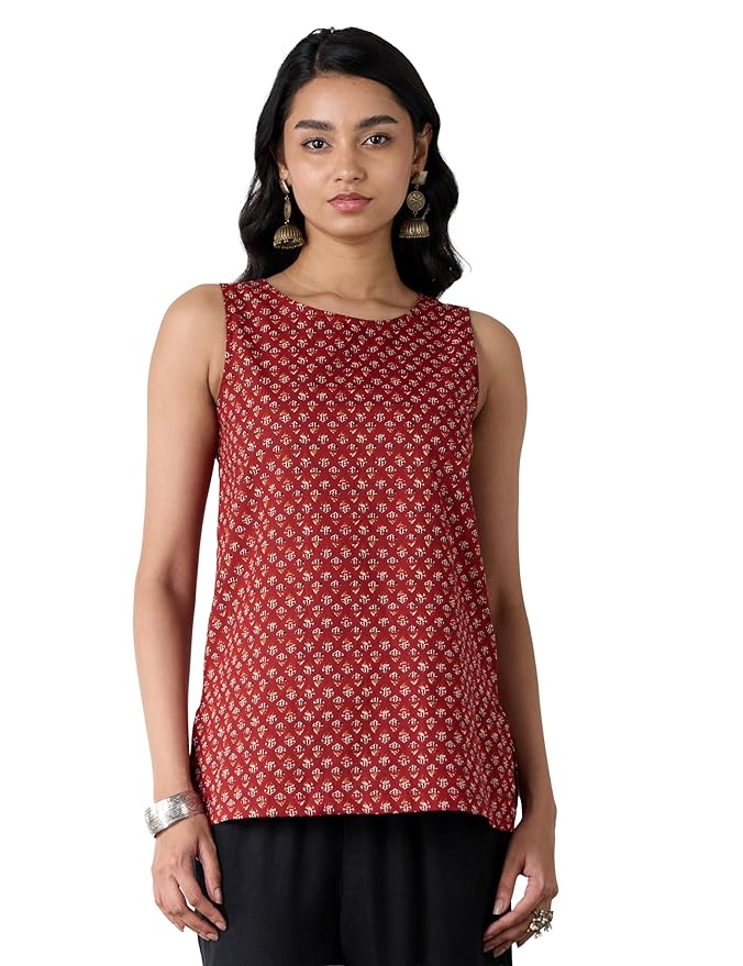 Amazon Brand - Myx Women's Cotton Printed Sleeveless Short Kurti (Available in Plus Sizes)