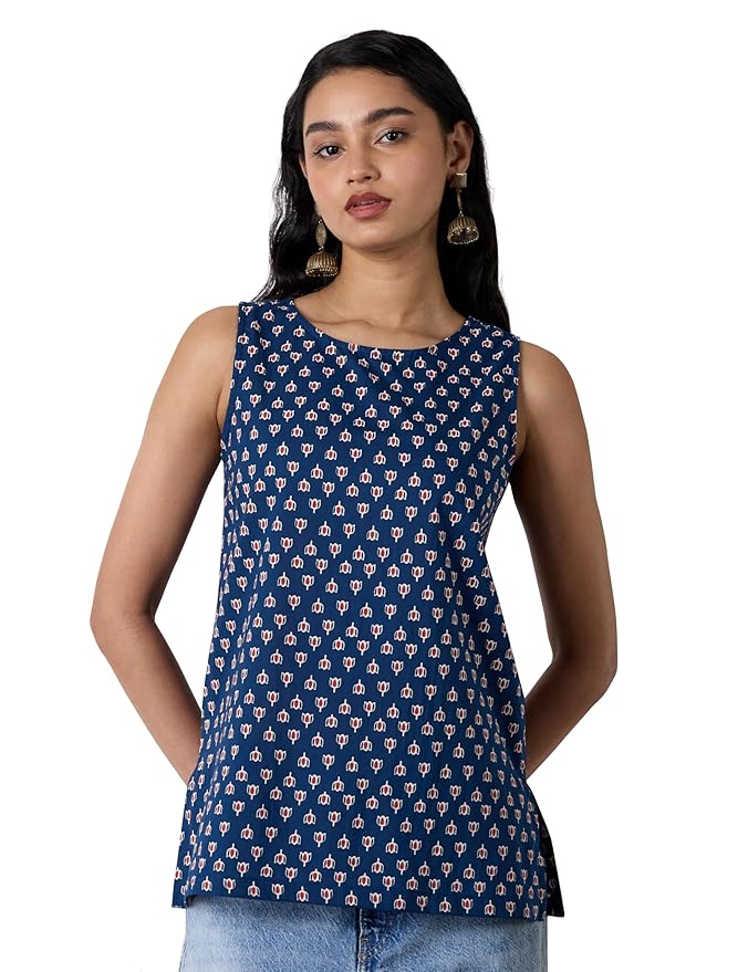 Amazon Brand - Myx Women's Cotton Printed Sleeveless Short Kurti (Available in Plus Sizes)