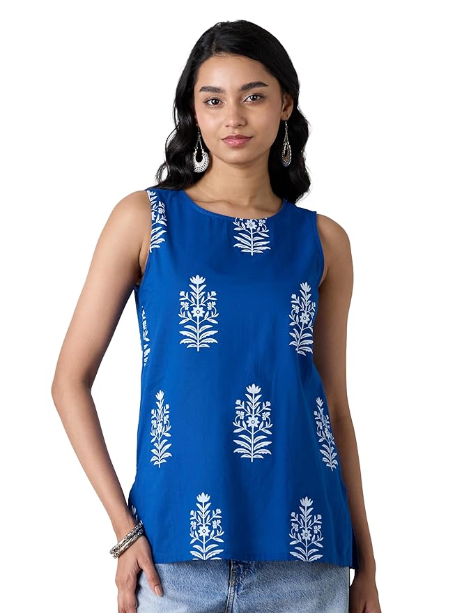 Amazon Brand - Myx Women's Cotton Printed Sleeveless Short Kurti (Available in Plus Sizes)