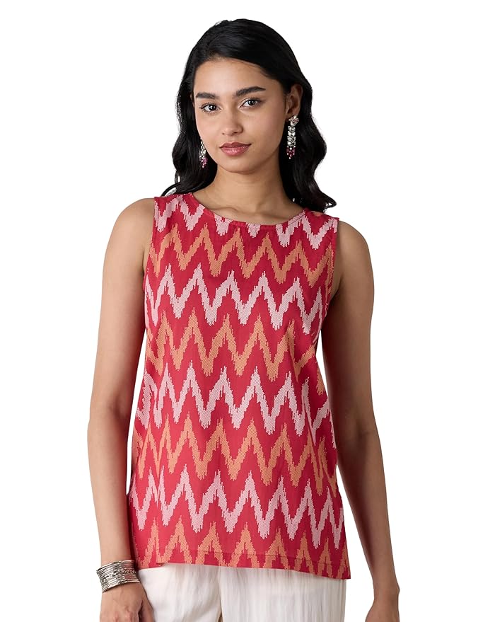 Amazon Brand - Myx Women's Cotton Printed Sleeveless Short Kurti (Available in Plus Sizes)