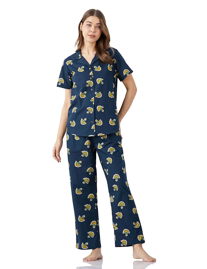 Amazon Brand - Myx Women Cotton Shirt and Relaxed Pajama Set | Night Suit Set (Available in Plus Sizes)