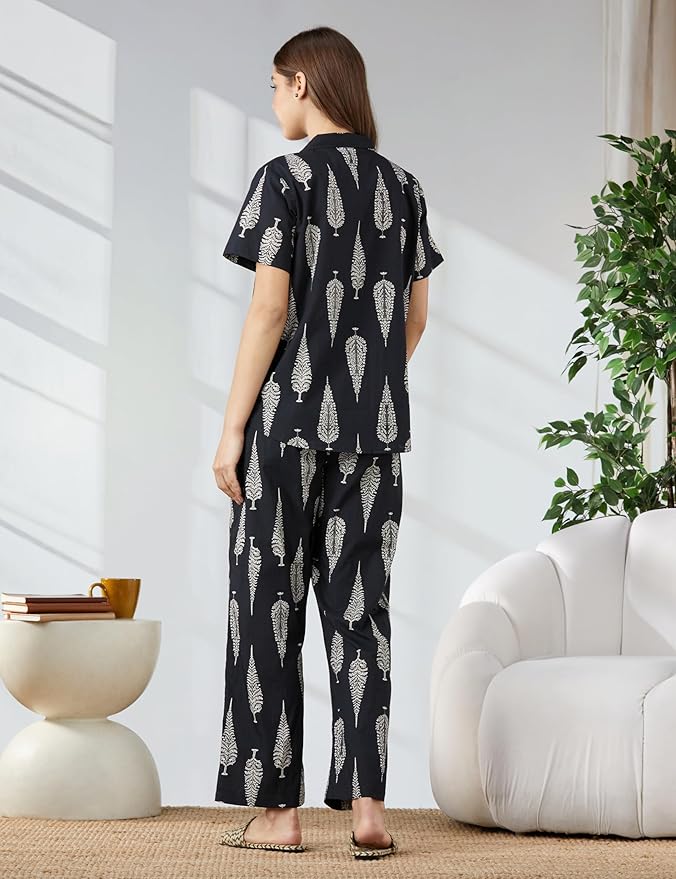 Amazon Brand - Myx Women Cotton Shirt and Relaxed Pajama Set | Night Suit Set (Available in Plus Sizes)