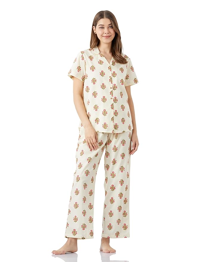 Amazon Brand - Myx Women Cotton Shirt and Relaxed Pajama Set | Night Suit Set (Available in Plus Sizes)