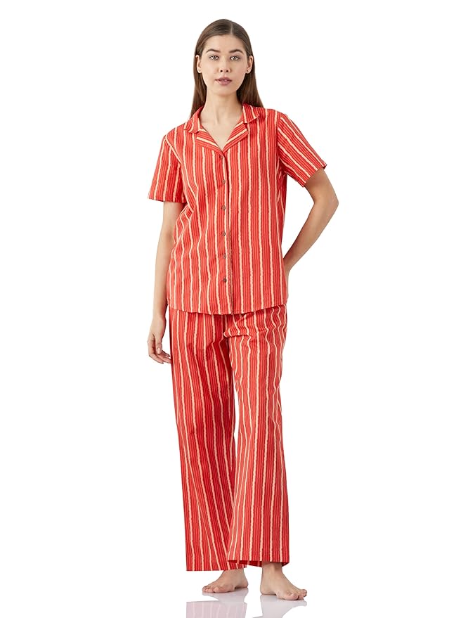 Amazon Brand - Myx Women Cotton Shirt and Relaxed Pajama Set | Night Suit Set (Available in Plus Sizes)