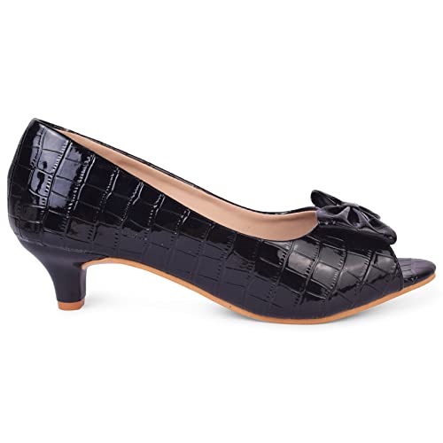 XE Looks Women's Patent Peep-Toe Heels | Textured Glossy Finish with Bow Design | Stylish and Comfortable Kitten Heel Pumps For Women