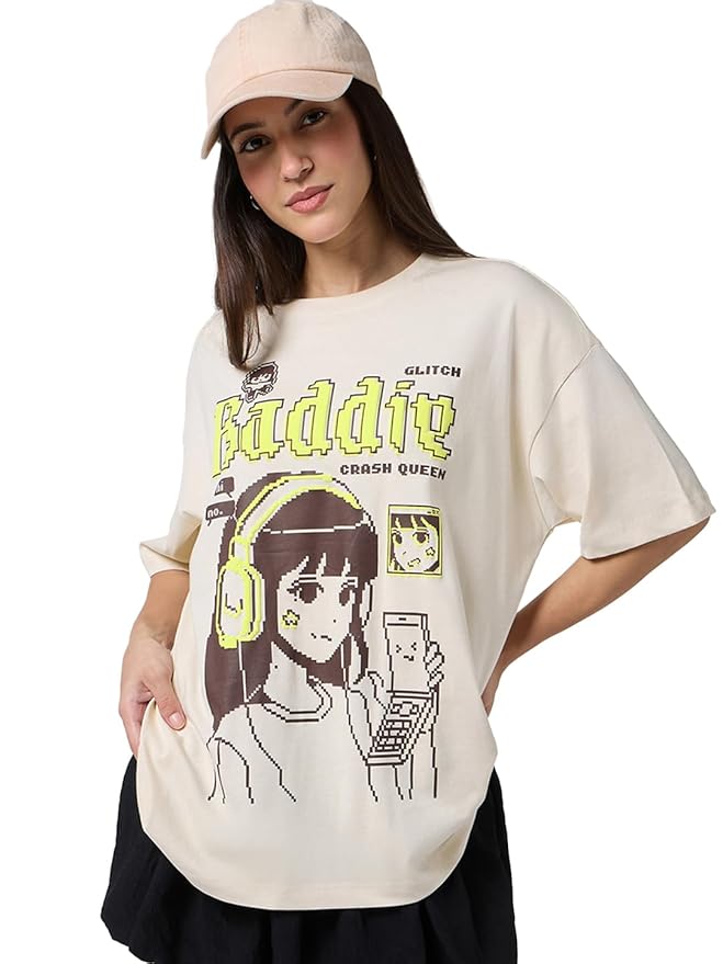 Bewakoof Women's 100% Cotton Graphic Print Oversized Fit Round Neck T-Shirt
