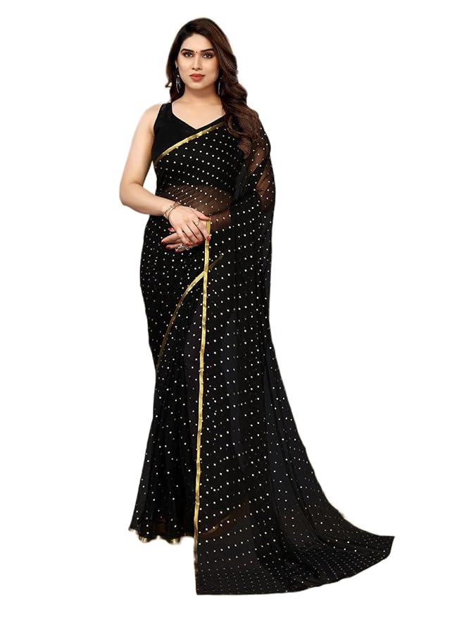Amazon Brand - Tavasya Embellished Printed Bollywood Chiffon Saree With Blouse