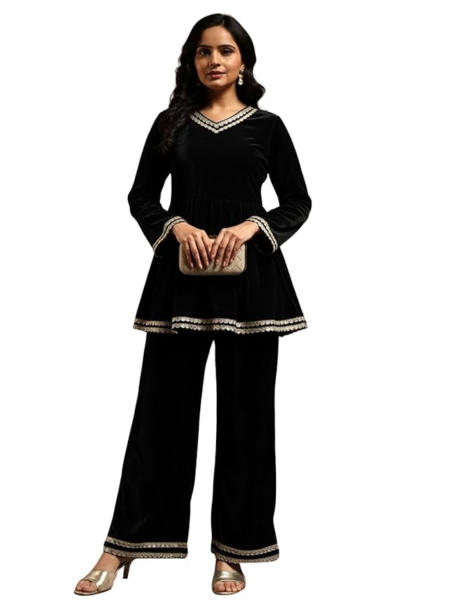 Leriya Fashion Velvet Kurti Set for Woman | Short Kurti for Women Latest | Co ord Set for Women Stylish Party Suit | Ethnic Office Everyday Wear & Casual Look | A Line Kurta Set for Woman