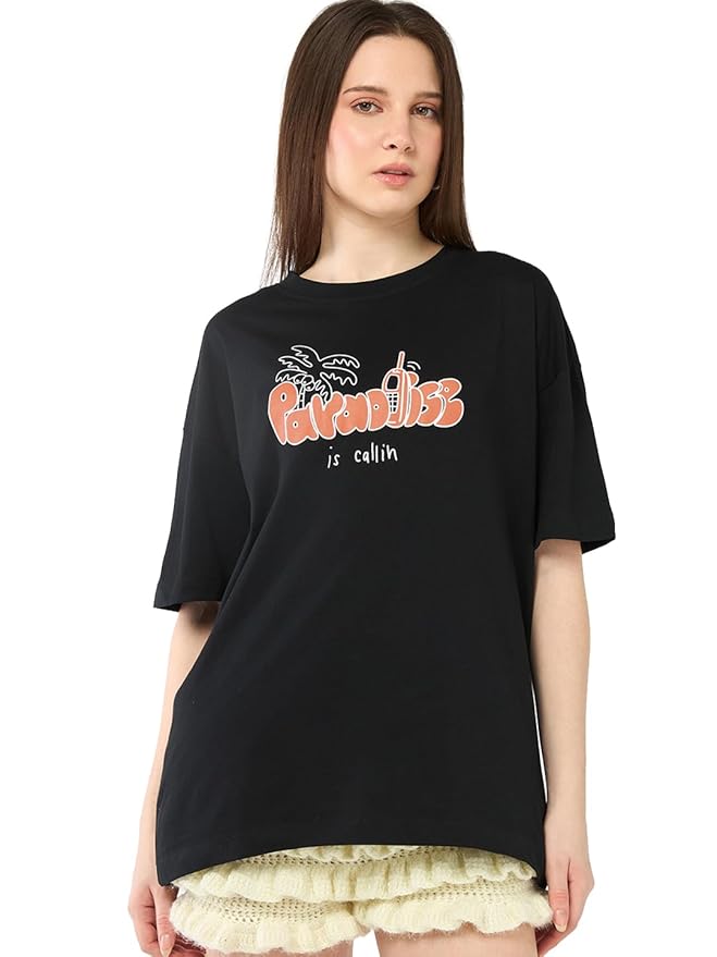 Bewakoof Women's Typography Oversized Fit Half Sleeve Round Neck Pure Cotton T-Shirt