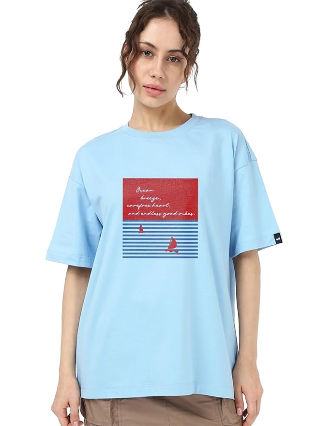 Bewakoof Women's Typography Oversized Fit Half Sleeve Round Neck Pure Cotton T-Shirt