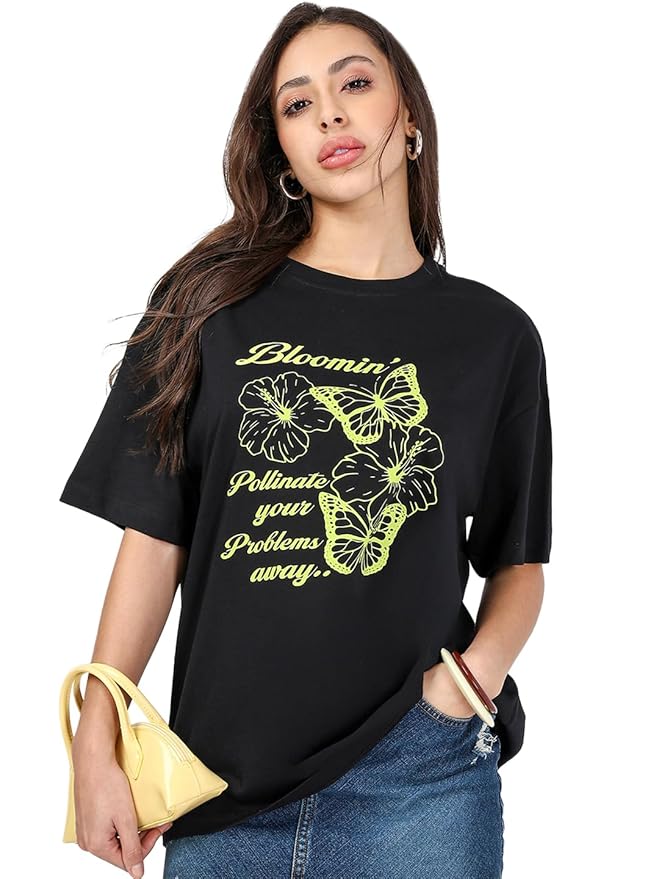 Bewakoof Women's Typography Oversized Fit Half Sleeve Round Neck Pure Cotton T-Shirt