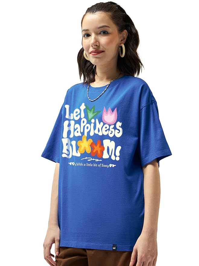 Bewakoof Women's 100% Cotton Hyper Print Oversized Fit Half Sleeve Round Neck T-Shirt | Casual wear | Streetwear | Oversized Tshirt for Woman Cotton| Baggy