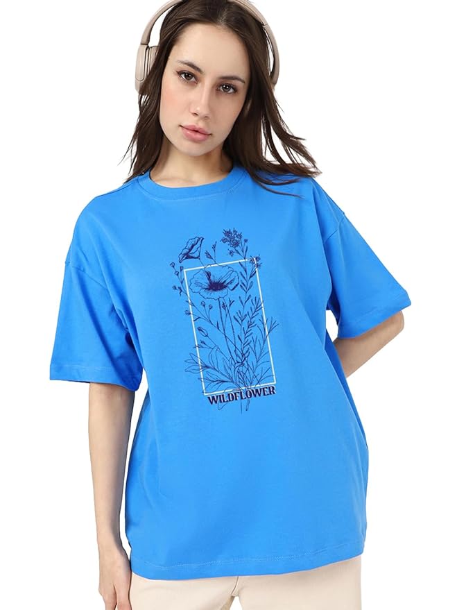 Bewakoof Women's 100% Cotton Hyper Print Oversized Fit Half Sleeve Round Neck T-Shirt | Casual wear | Streetwear | Oversized Tshirt for Woman Cotton| Baggy