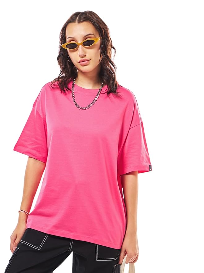 Bewakoof Women's Solid Oversized Fit Half Sleeve Round Neck Cotton Jersey T-Shirt