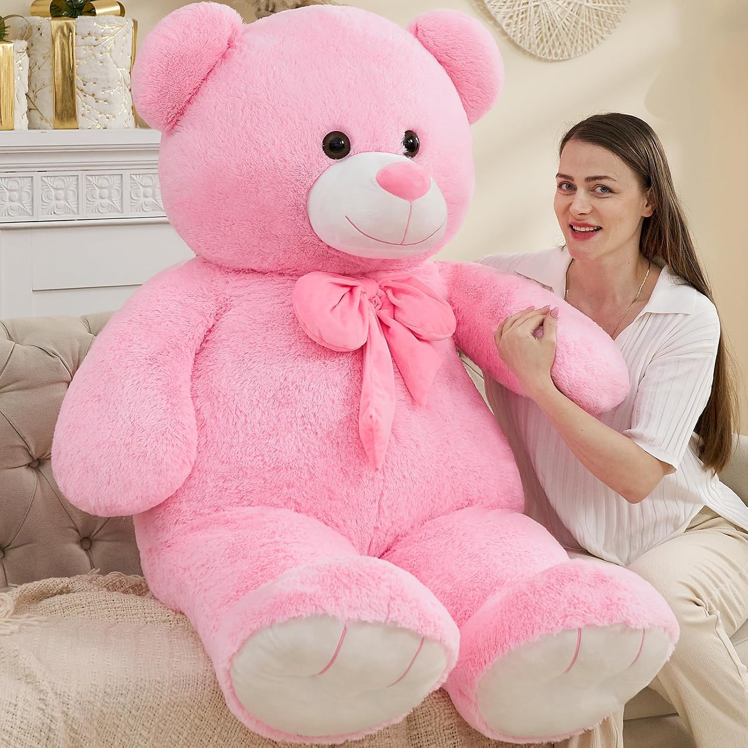 Tezituor Giant Teddy Bear, 59 inch Soft Big Stuffed Animal Life Size Plush Bear Toy Valentine's Christmas Birthday Gift for Girlfriend Kids,Pink